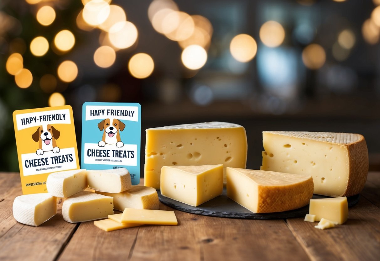 A variety of cheese wheels and slices displayed next to dog-friendly labels and illustrations of happy dogs enjoying cheese treats