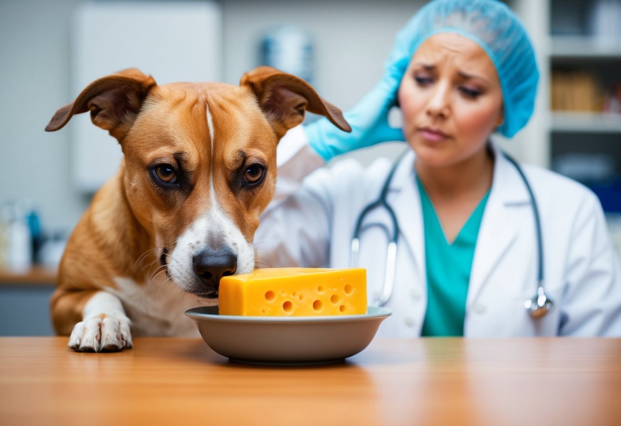 A dog sniffing a bowl of cheese with a concerned expression, while a veterinarian shakes their head in the background