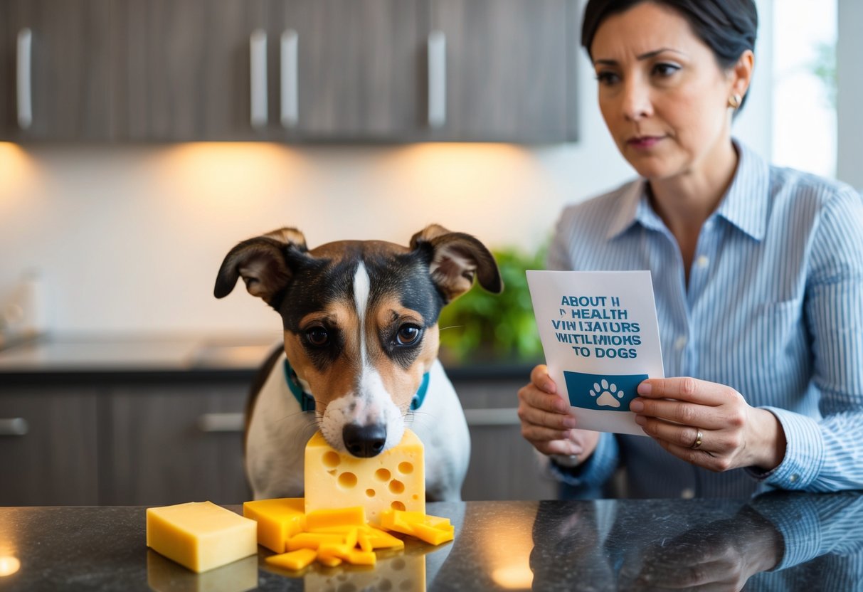 A dog eagerly sniffs a slice of cheese on a kitchen counter, while a concerned owner looks on, holding a pamphlet about the health implications of feeding cheese to dogs