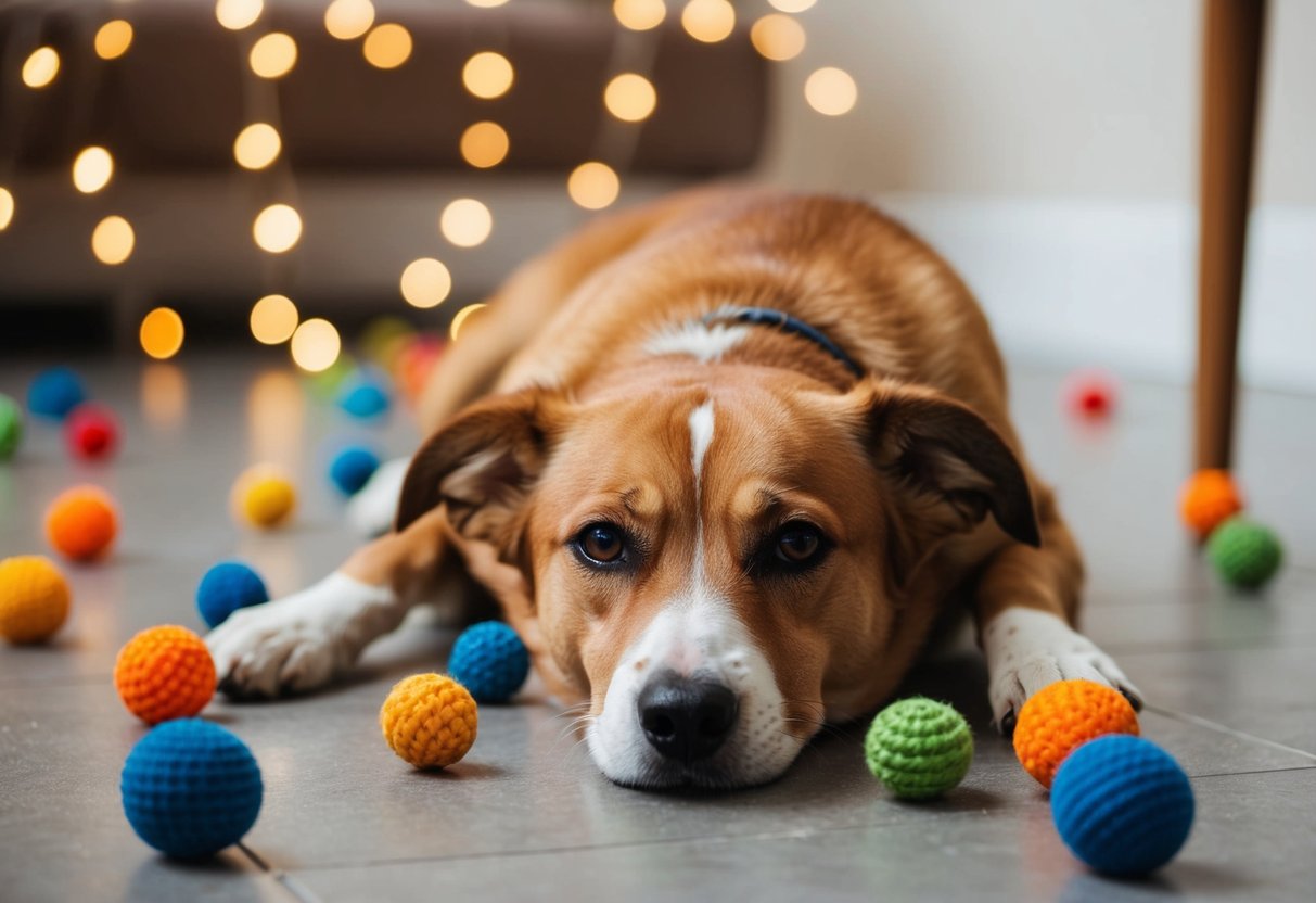 A dog lying on the floor surrounded by scattered toys, looking bored and restless