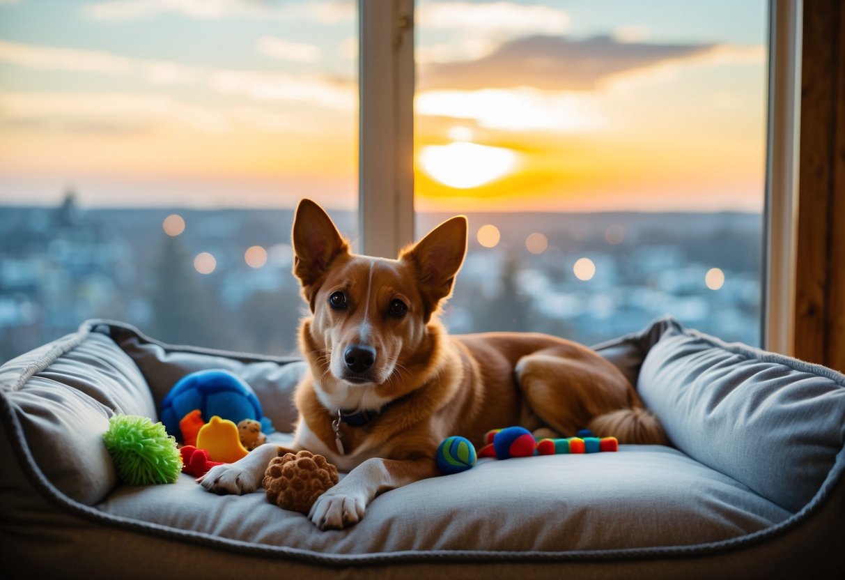 A dog laying in a cozy bed, surrounded by toys and treats, as the sun moves across the sky outside the window