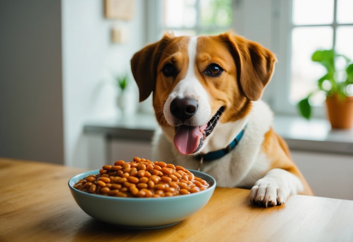 A happy dog sitting in front of a bowl of baked beans, eagerly waiting to eat them