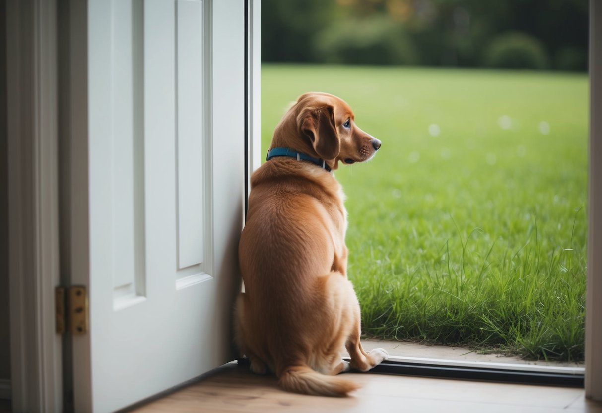 A dog patiently waits by the door, legs crossed, while gazing longingly at the grass outside