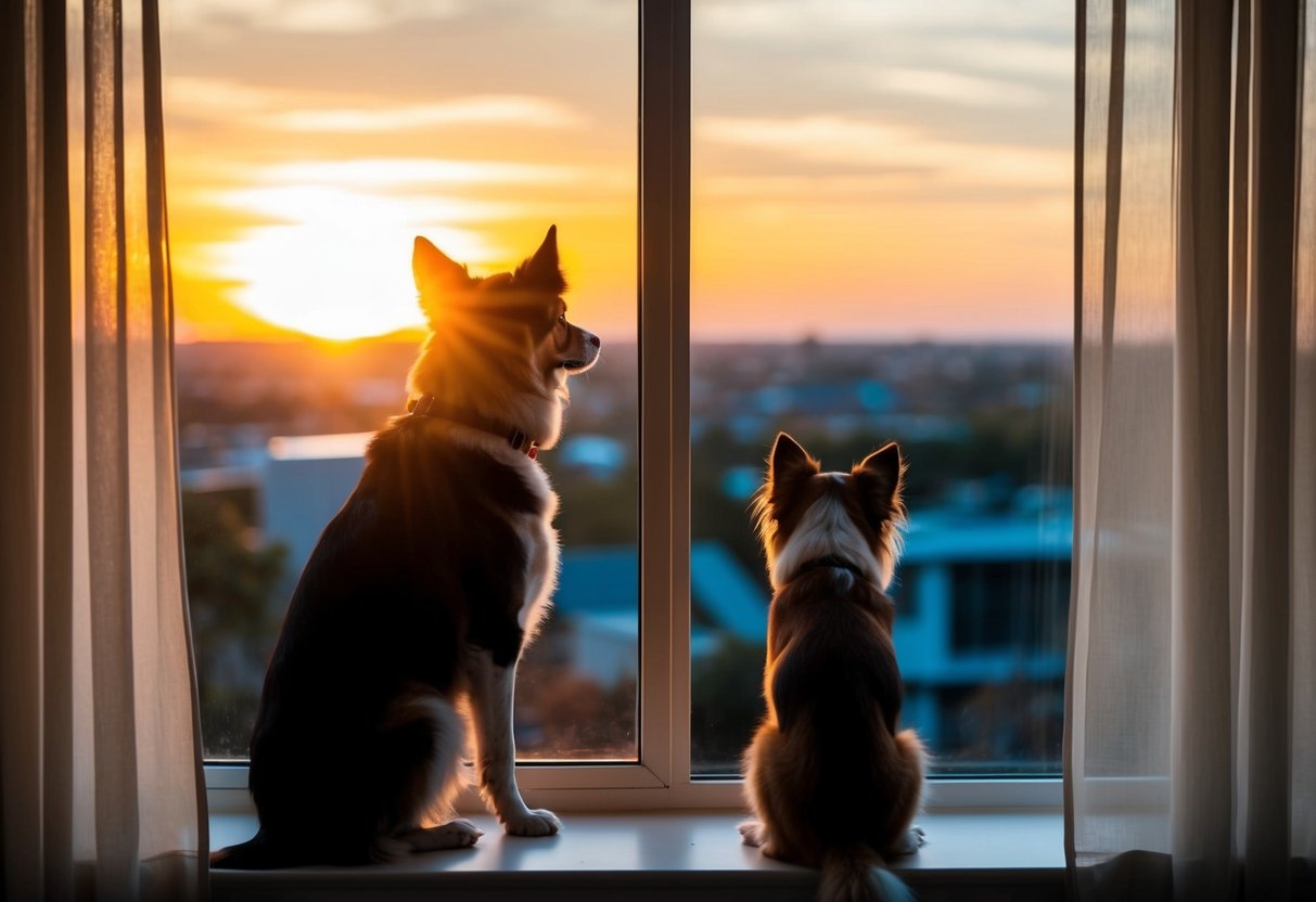 A dog sitting by a window, watching the sun rise and set over a 8-hour period