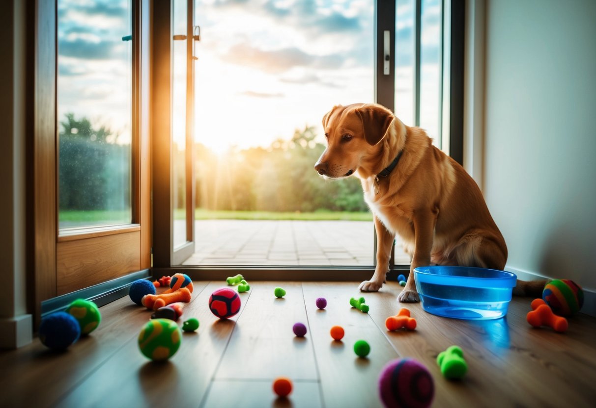 A dog waiting by the door, surrounded by scattered toys and a tipped-over water bowl, as the sun moves across the room