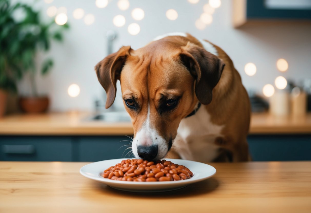 A dog sniffs a plate of baked beans, then looks uncomfortable, holding its stomach