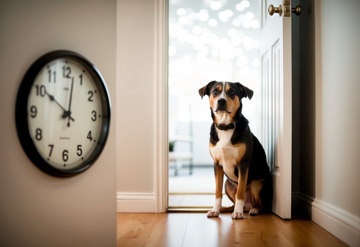 A dog anxiously waits by the door, legs crossed, as the clock ticks