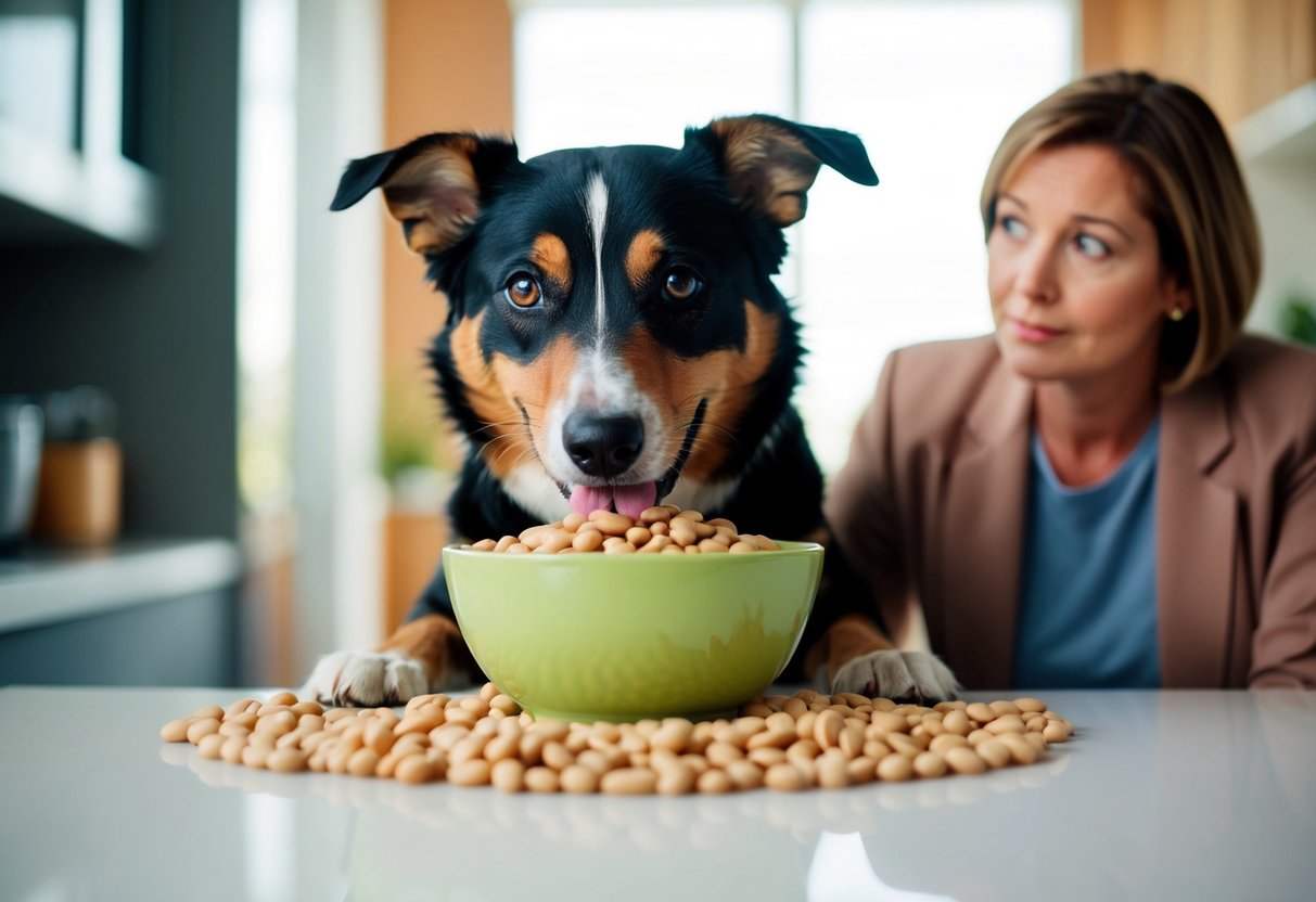 A dog happily eating a bowl of safe bean varieties, with a concerned owner looking on in the background