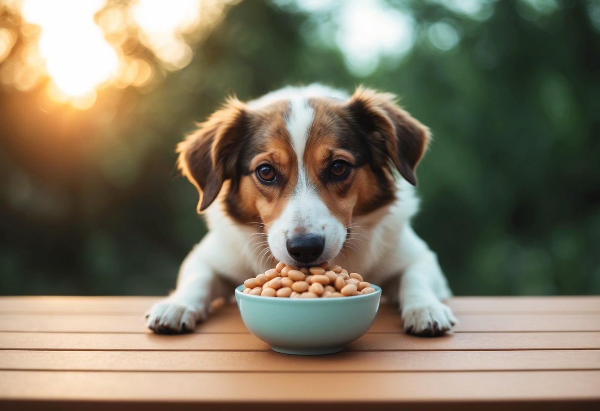 A dog happily eating a small bowl of plain, cooked beans