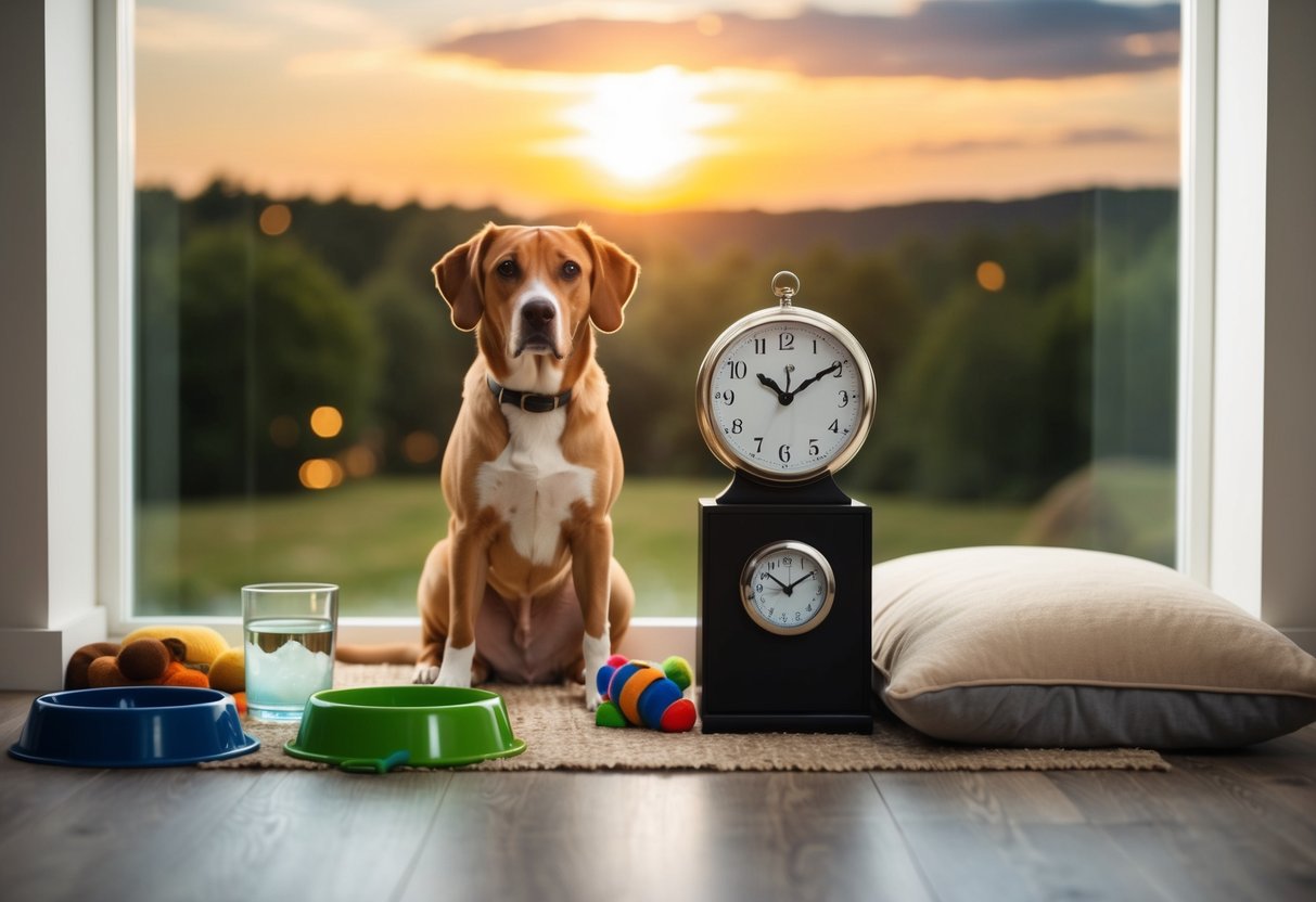 A dog patiently waits by a clock, surrounded by empty food and water bowls, toys, and a cozy bed. The sun rises and sets as the dog remains still, illustrating the concept of time passing for a canine