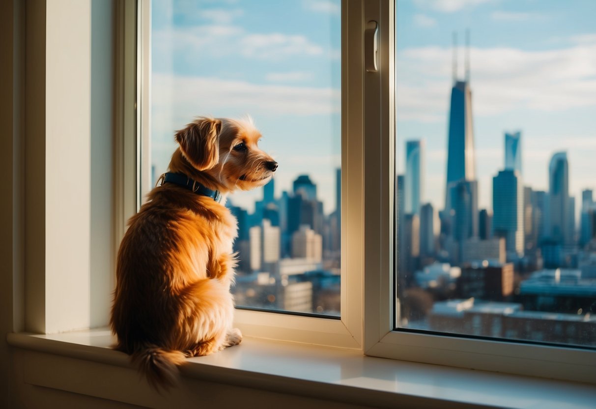 A small, loyal dog sits by the window, looking out at the city skyline from a cozy apartment