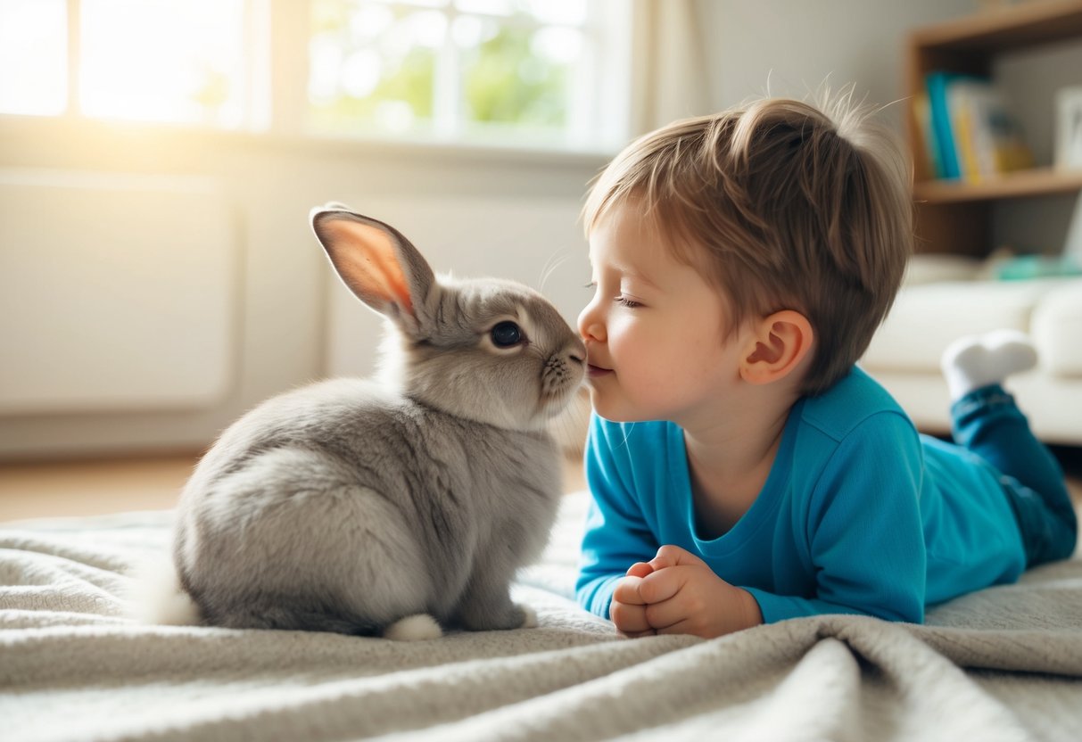 A fluffy bunny nuzzling against a child's cheek as they sit on a soft blanket in a sunlit room