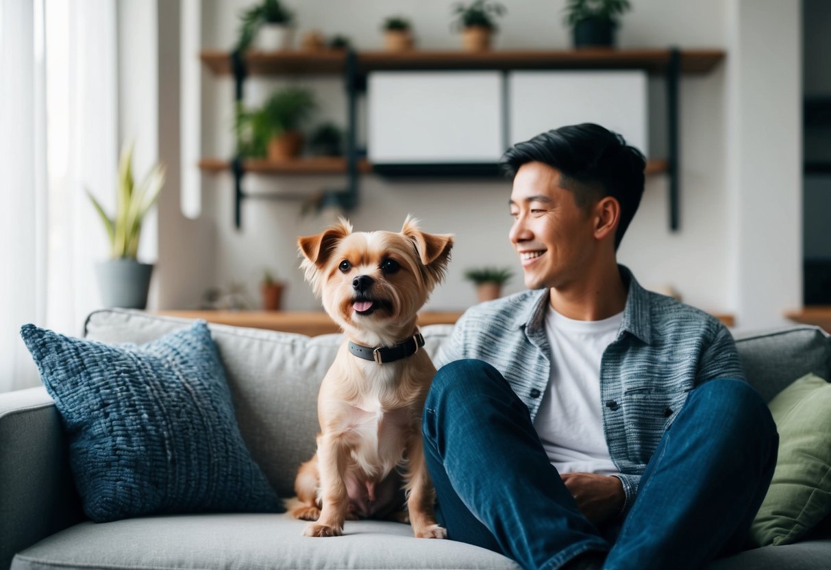 A cozy apartment with a small, friendly dog sitting next to a single person on the couch, both looking content and happy