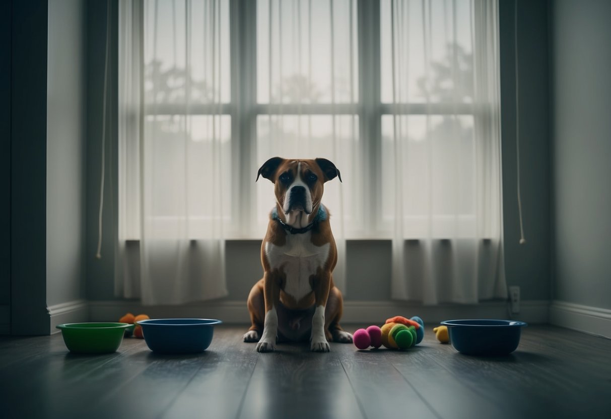 A sad dog sits alone in a dimly lit room, surrounded by empty food and water bowls, toys untouched