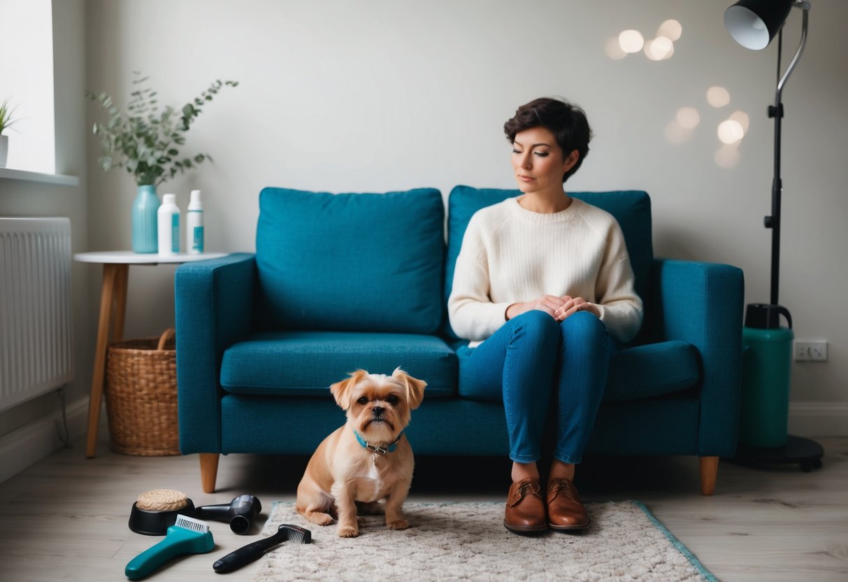 A person sitting alone on a couch with a small, low-maintenance dog at their feet, grooming tools and pet supplies nearby