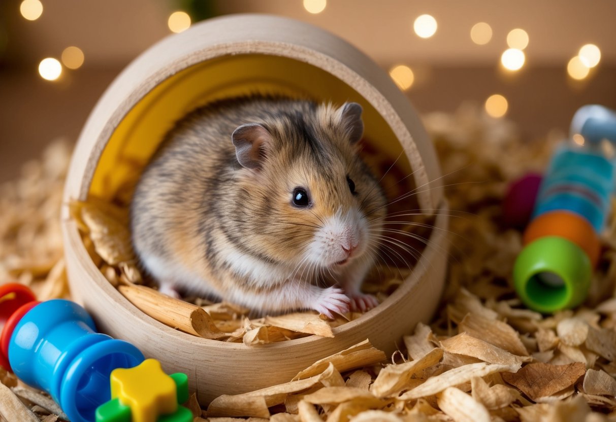 A fluffy hamster curled up in a cozy bed of wood shavings, surrounded by colorful toys and a small water bottle