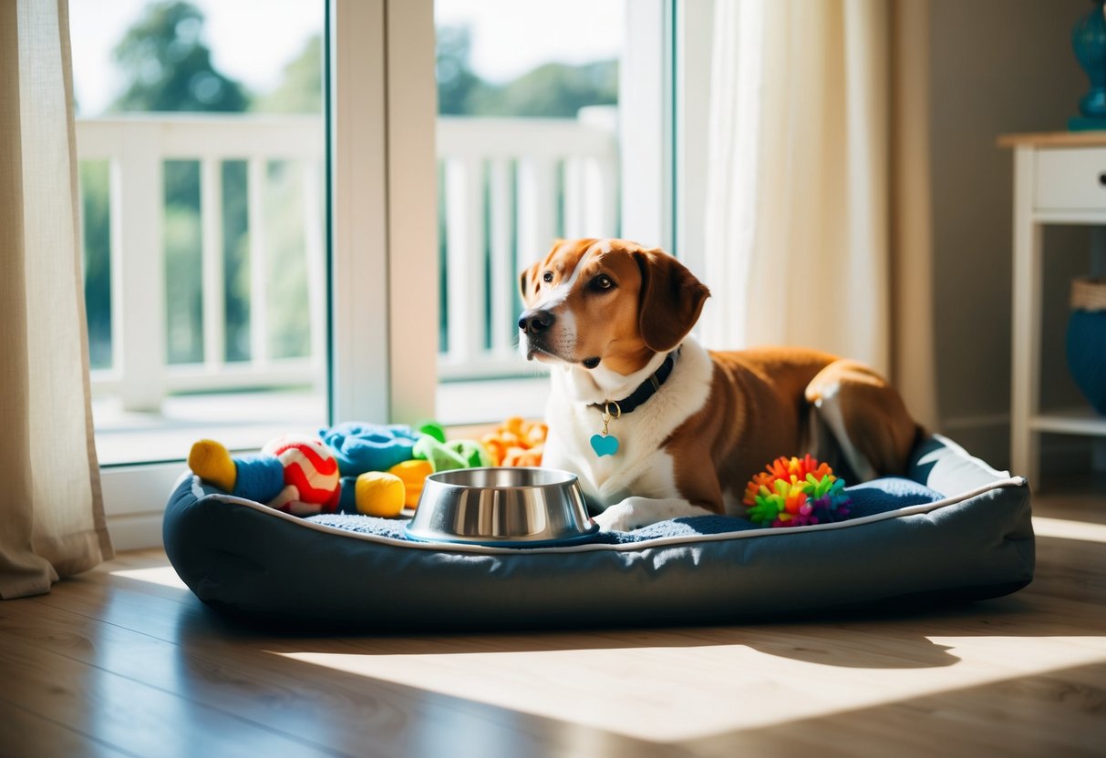 A dog with toys, a comfy bed, and a filled water bowl in a sunlit room with a window view