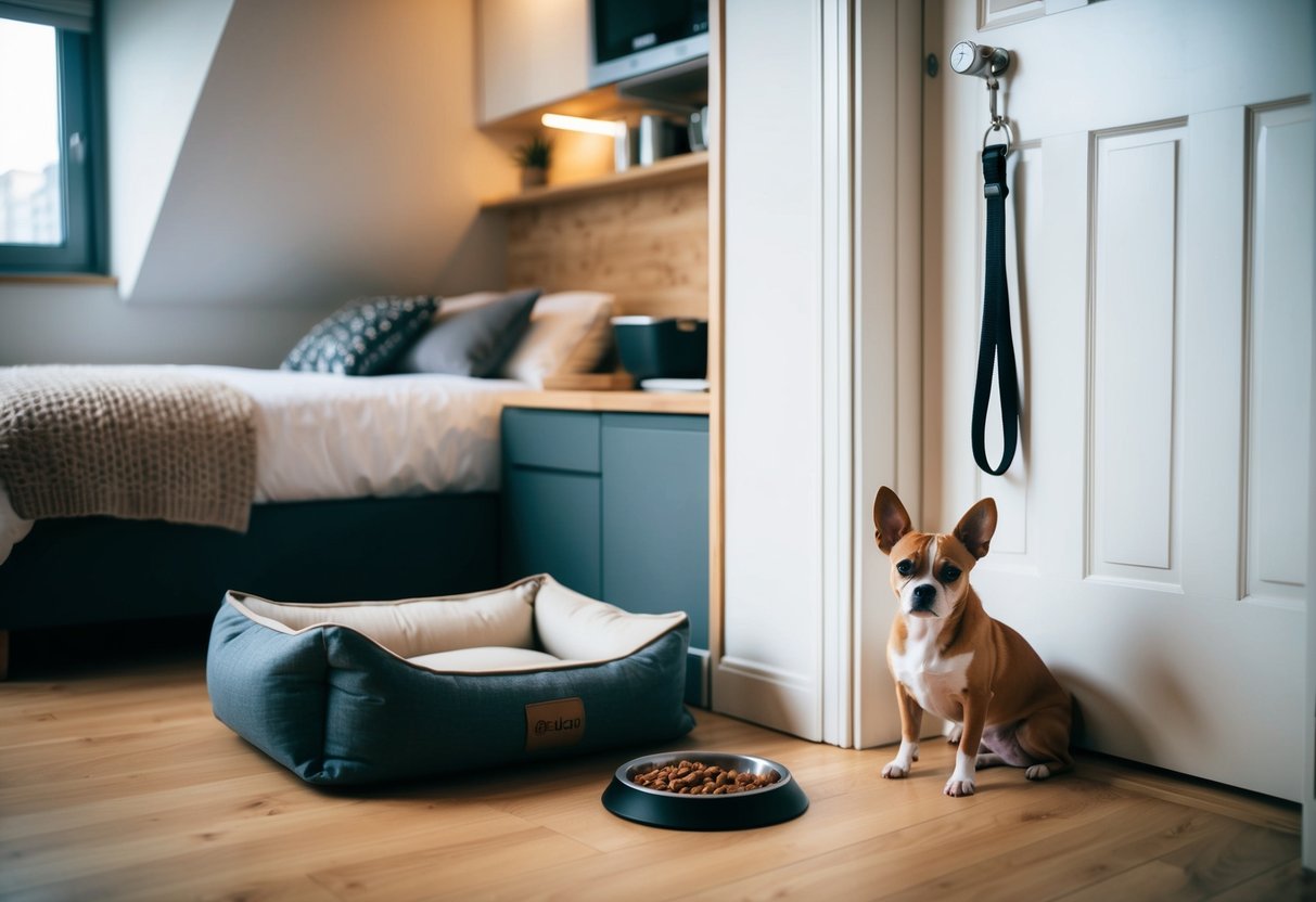A cozy studio apartment with a small dog bed, food and water dishes, and a leash hanging by the door