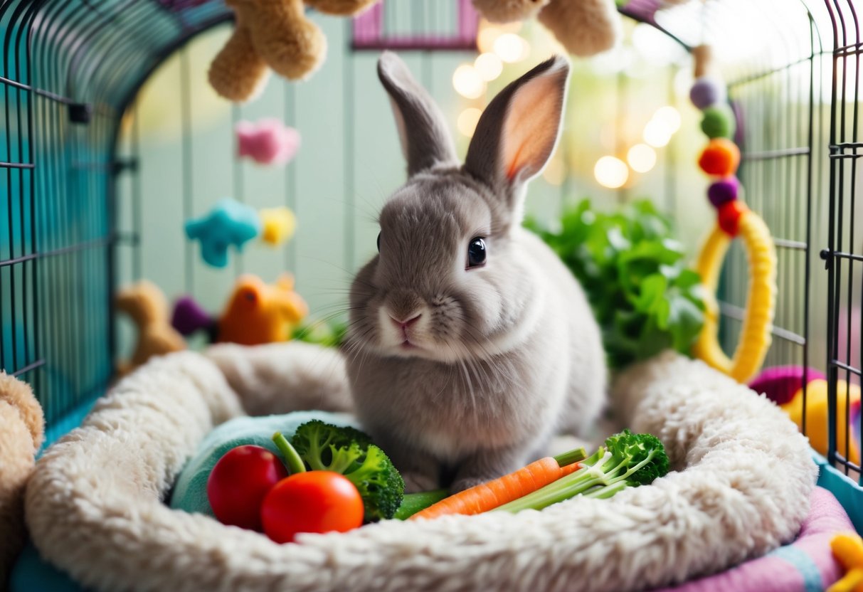 A fluffy bunny sitting in a cozy, colorful cage with soft bedding, nibbling on fresh vegetables and surrounded by toys