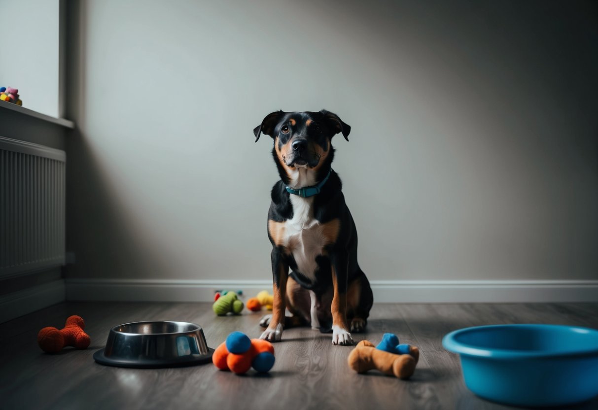 A dog sitting alone in a dimly lit room, surrounded by scattered toys and a half-empty water bowl