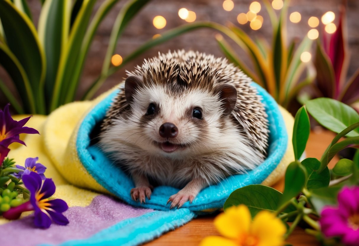 A smiling hedgehog snuggles in a cozy blanket, surrounded by colorful, exotic plants and flowers
