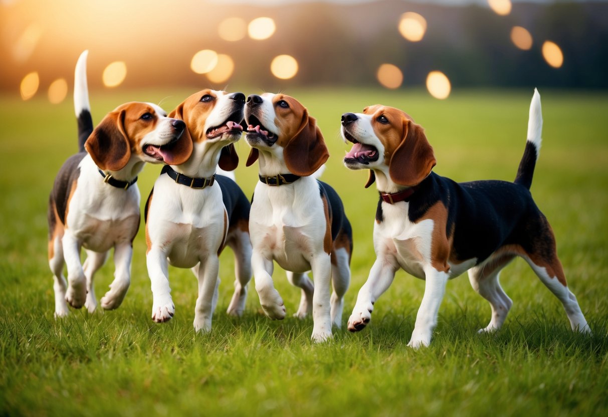 A pack of barking beagles fills the air with their loud, echoing howls, their tails wagging and ears flapping as they play in a grassy field