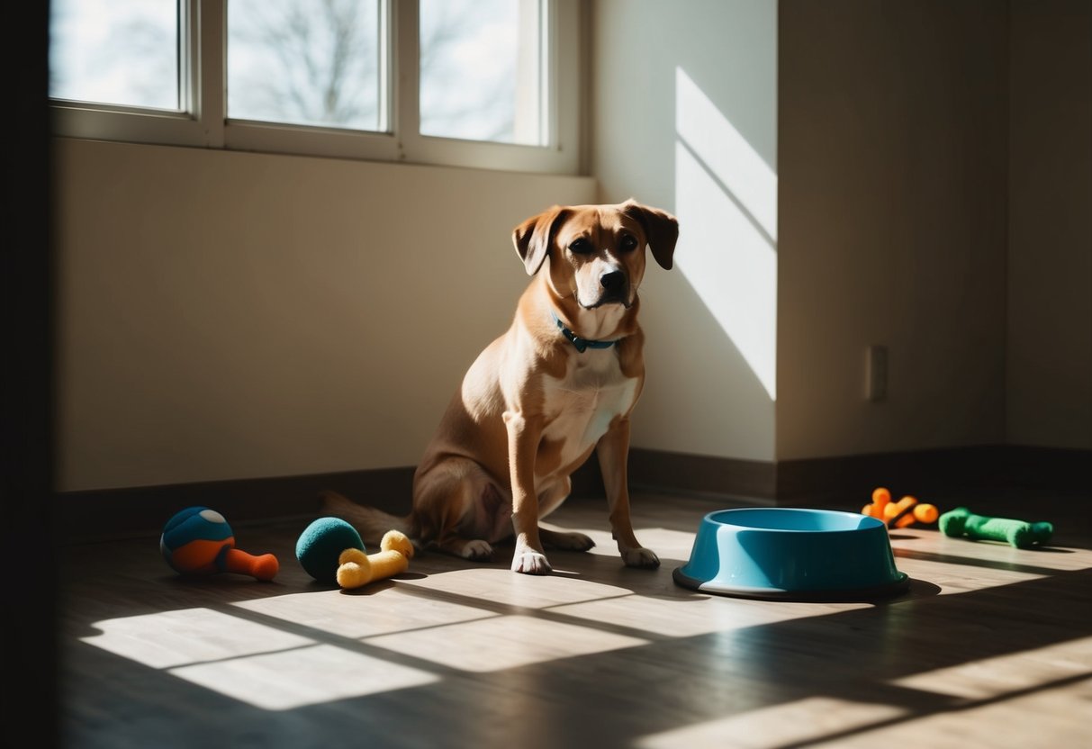 A dog sits alone in a dimly lit room, surrounded by toys and a water bowl. The sun streams in through a window, casting long shadows on the floor