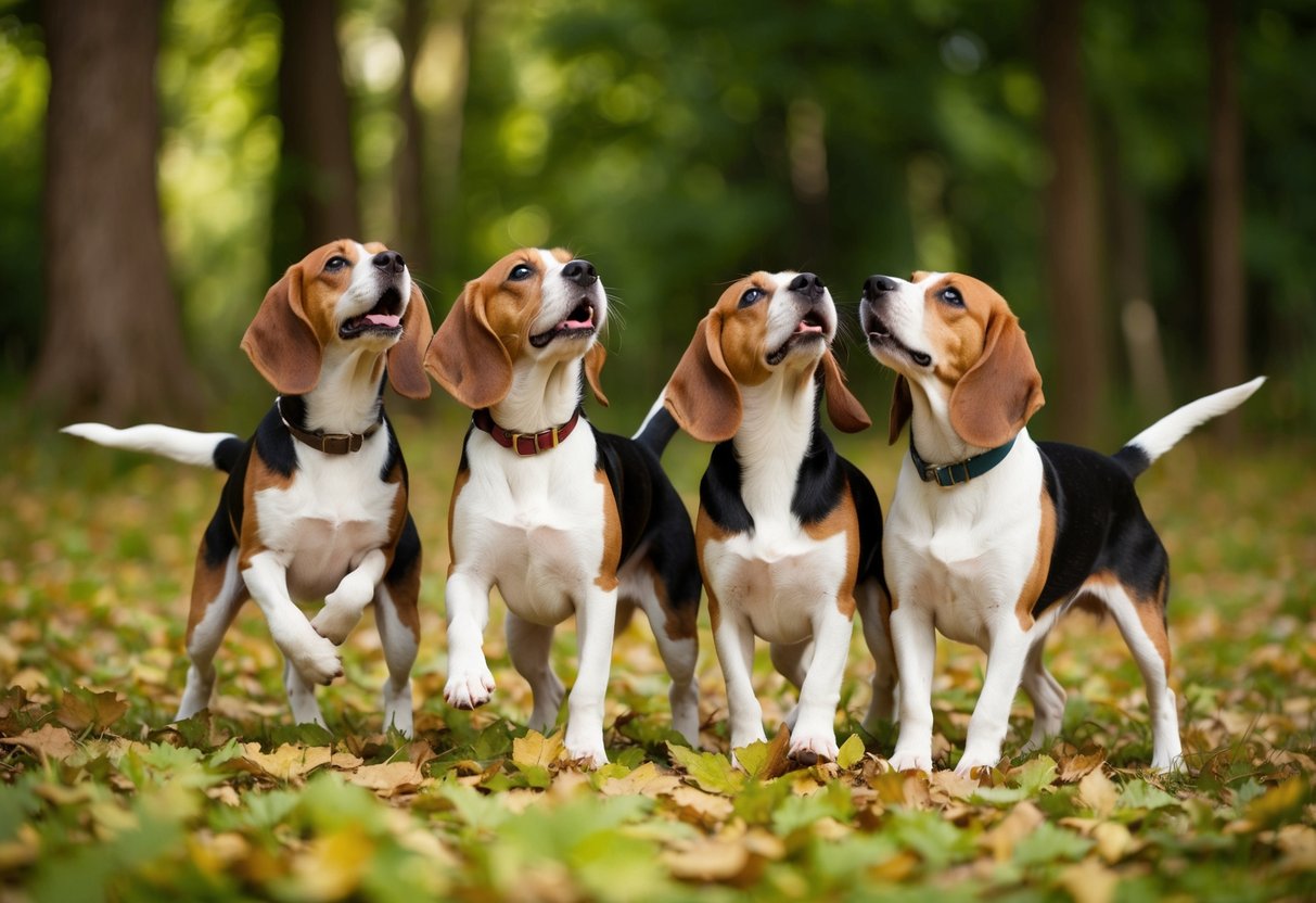 A pack of energetic beagles howling and barking in a leafy forest clearing