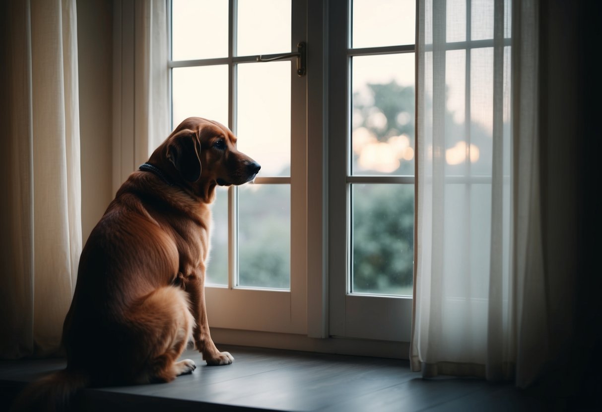 A senior dog sits alone in a dimly lit room, looking out a window as the hours pass by