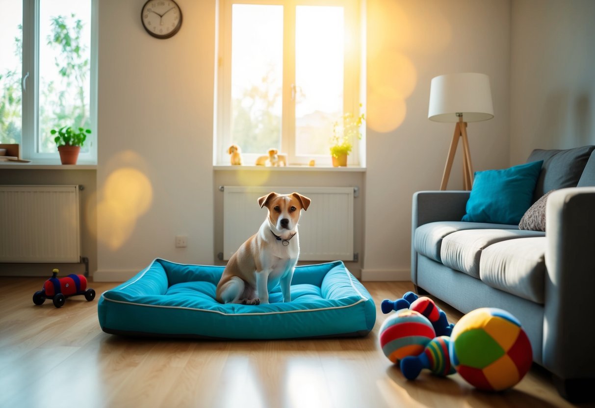 A dog sits alone in a tidy living room, surrounded by toys and a comfortable bed. Sunlight streams in through the window, casting a warm glow on the scene