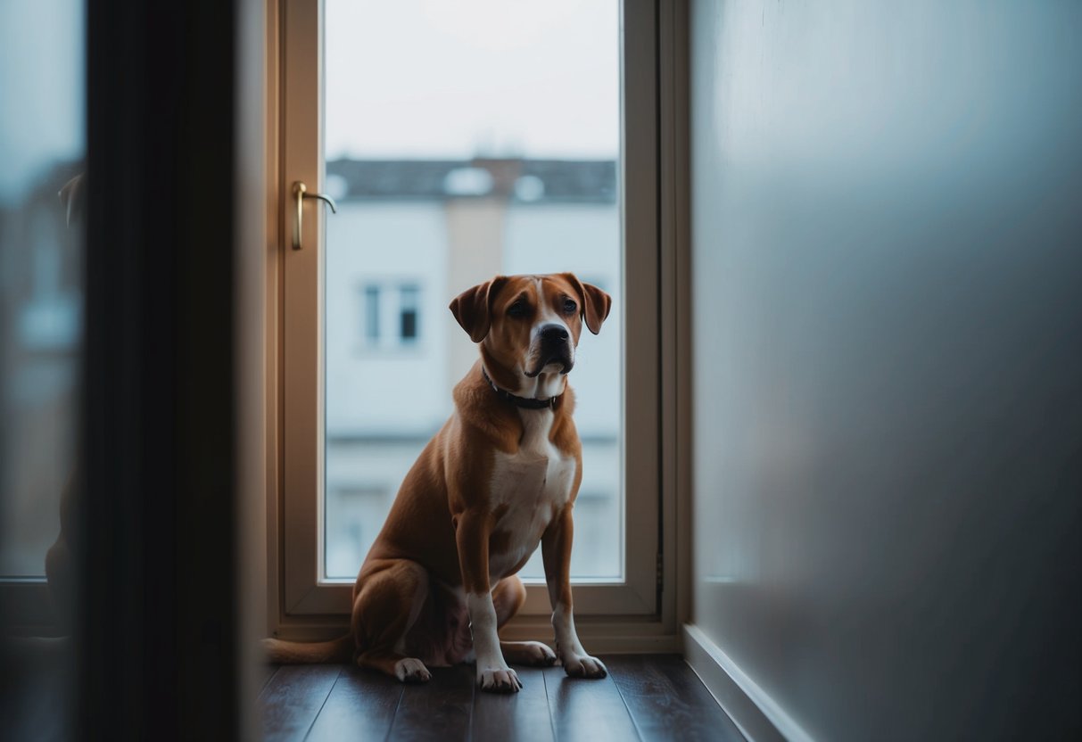 A dog sitting alone in a dimly lit room, looking out a window with a sad expression on its face