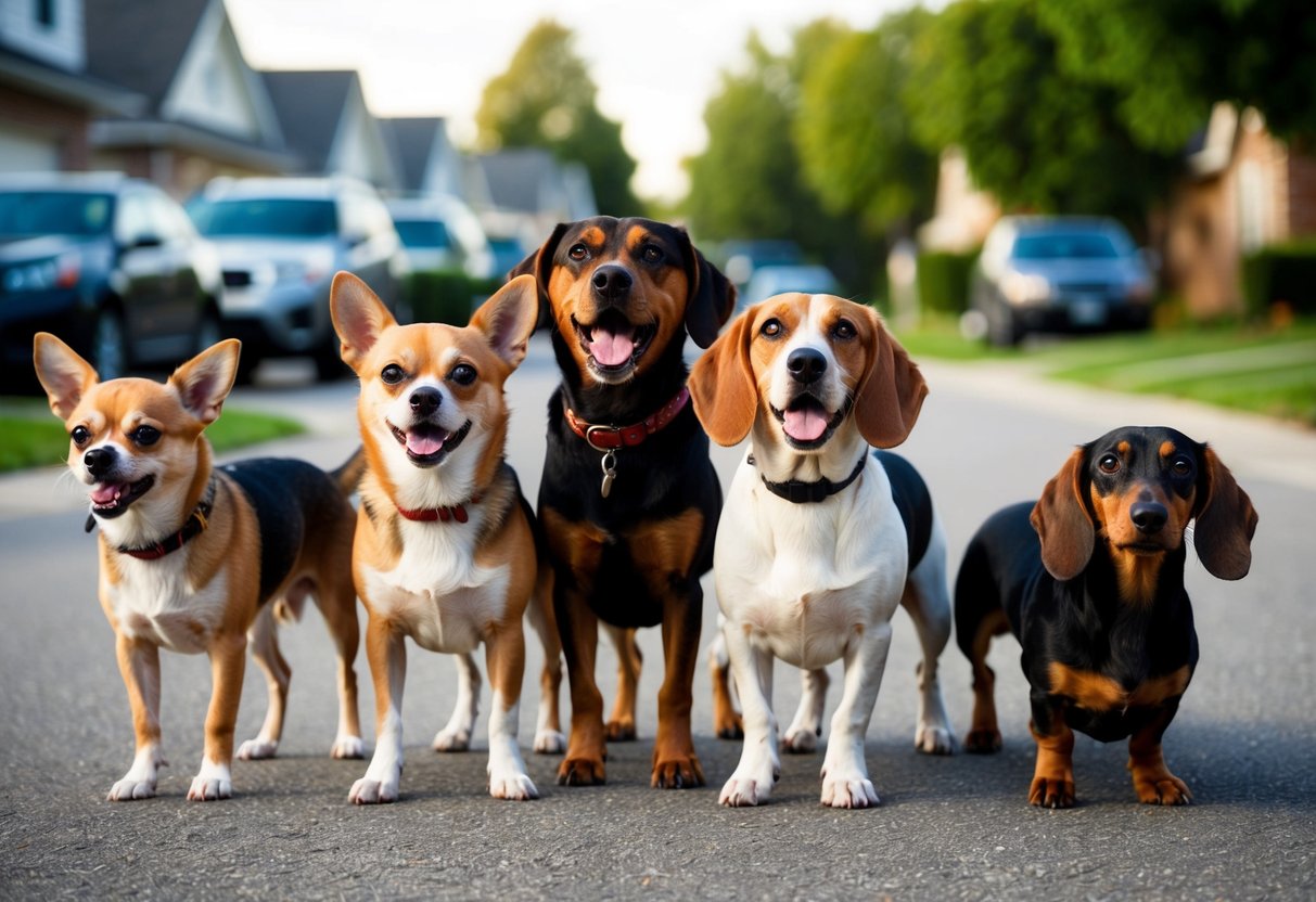 A pack of barking dogs, including a chihuahua, beagle, and dachshund, creating a cacophony of noise in a suburban neighborhood