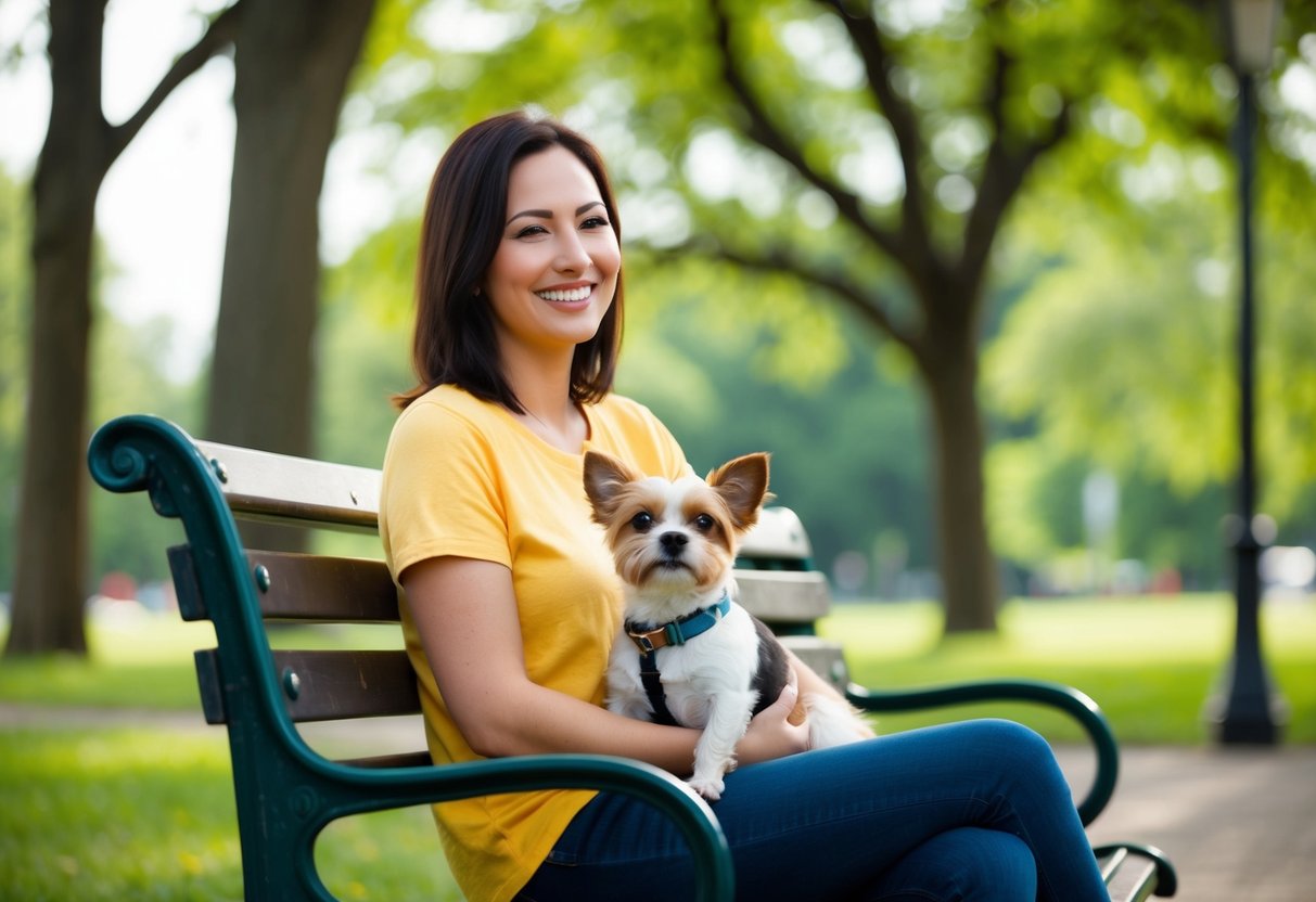 A single woman sitting on a park bench, smiling as a small, friendly dog sits in her lap, looking up at her with adoring eyes
