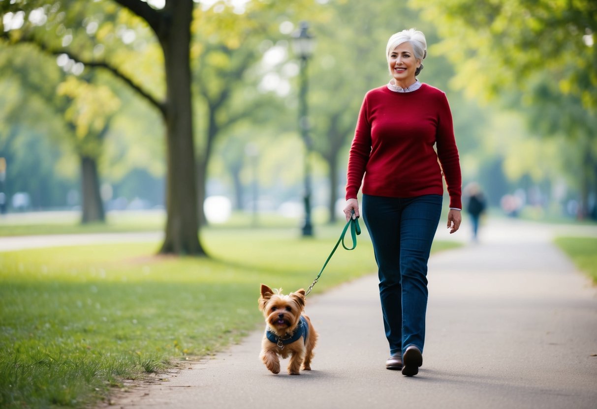 A single woman walks through a park, a small, friendly dog at her side. The dog is a perfect match for her, bringing joy and companionship