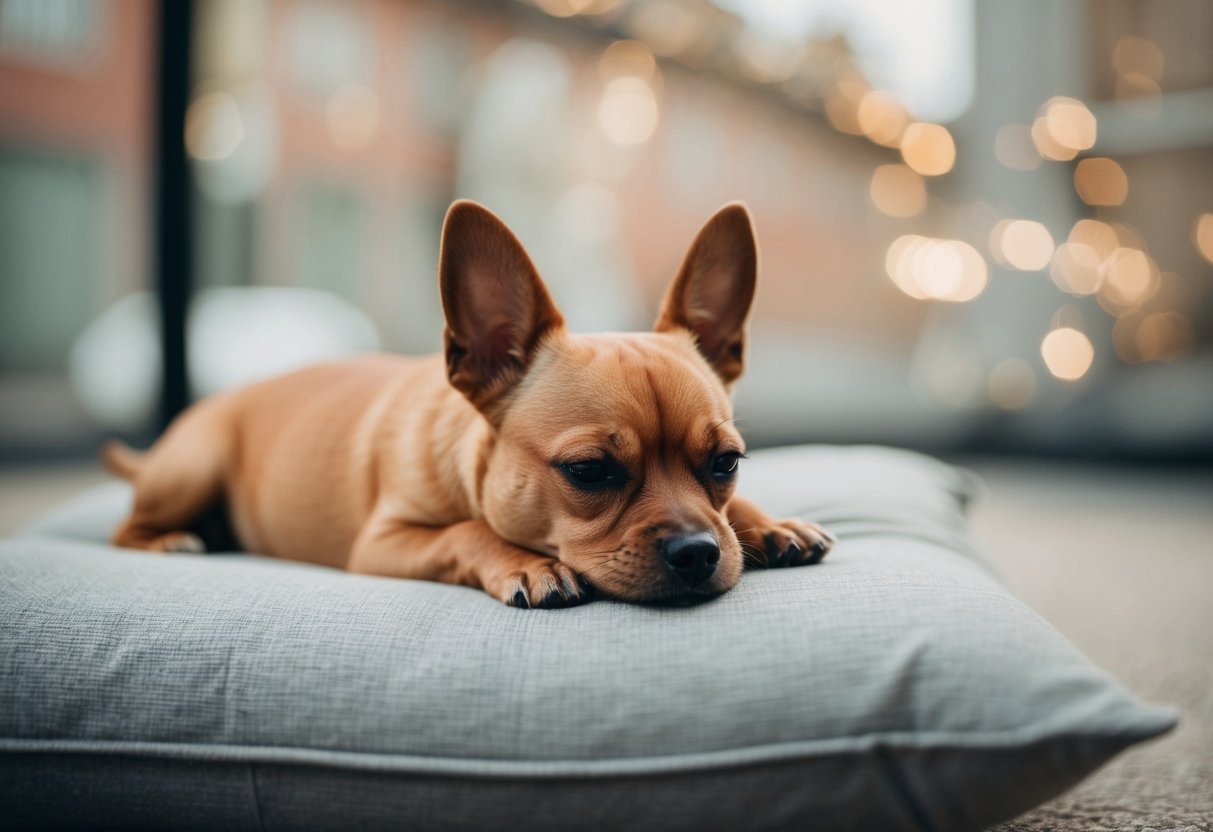 A small, quiet dog peacefully lying on a cushion, ears perked up