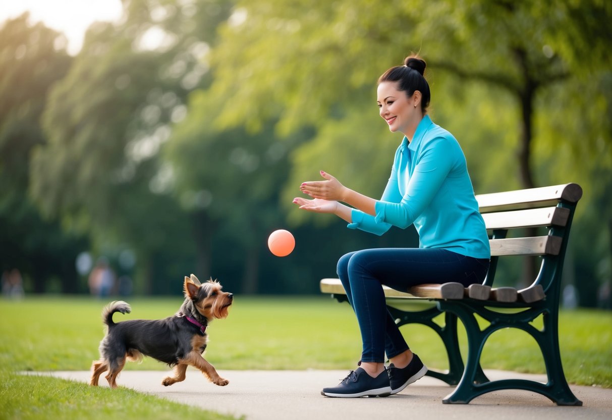 A single woman sitting on a park bench, playing fetch with a small, energetic dog. The woman smiles as the dog eagerly retrieves the ball