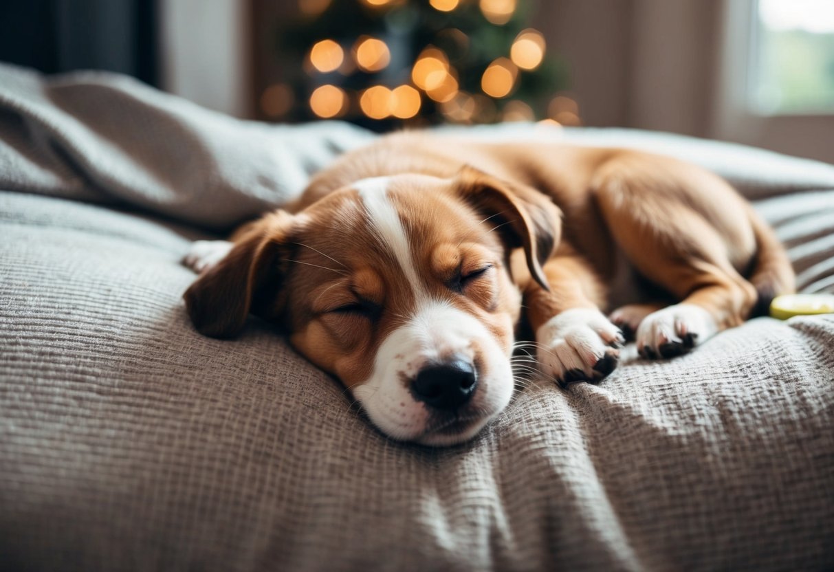 A 4-month-old puppy sleeping peacefully in a cozy bed, with a full bladder, waiting for morning to relieve itself