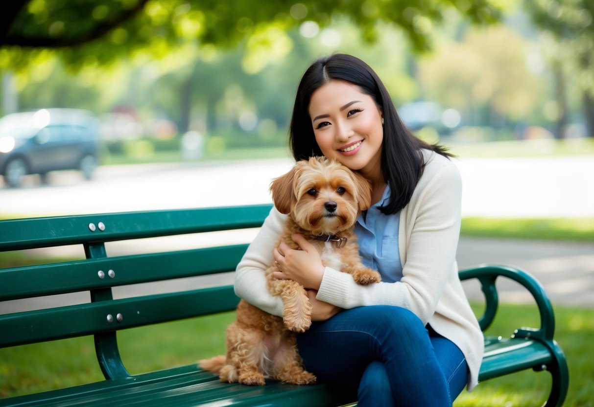 A single woman sitting on a park bench, hugging a small, fluffy dog with a contented expression on her face