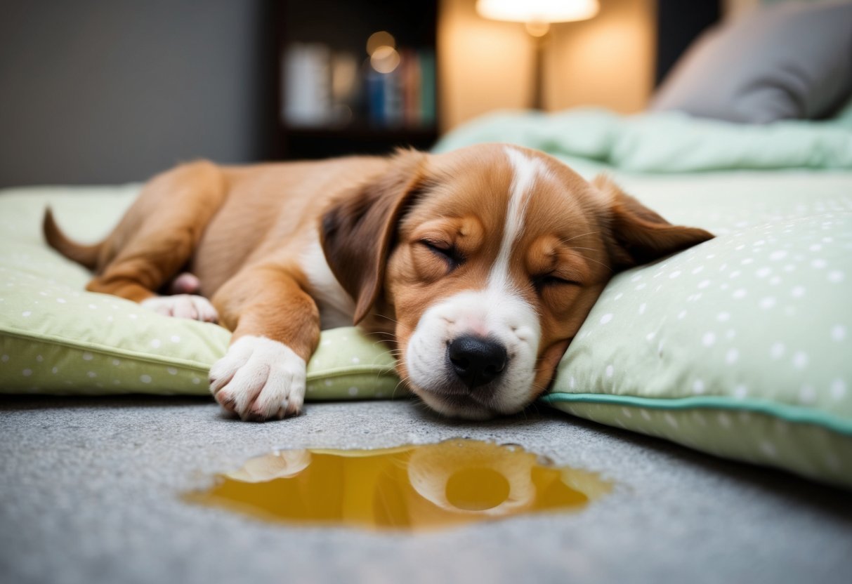 A 4-month-old puppy sleeping peacefully in a cozy bed, with a small puddle of urine nearby indicating an accident during the night