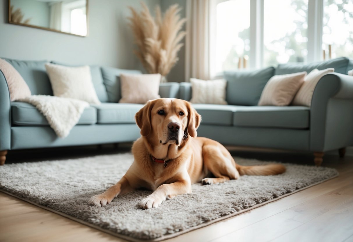 A serene, cozy living room with a peaceful dog lounging on a plush rug, surrounded by calming decor and a tranquil atmosphere