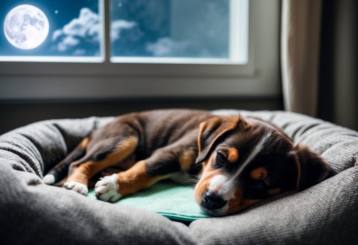 A 4-month-old puppy sleeps peacefully in a cozy bed, a small potty pad nearby. The moonlight filters through the window as the puppy rests, ready for a potty break when needed