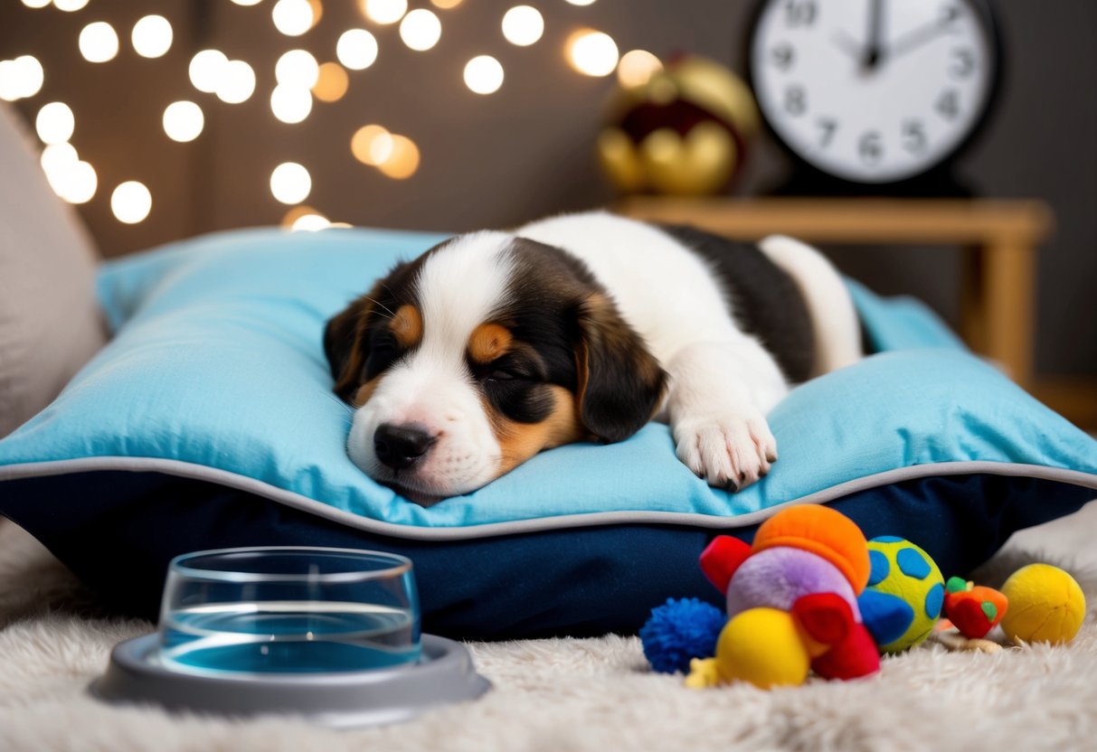 A 4-month-old puppy sleeping peacefully in a cozy bed with a clock showing the time at night, surrounded by toys and a water bowl