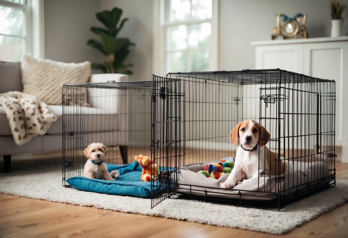 A cozy, well-lit room with a comfortable crate and pen for a puppy, filled with toys and a soft bed
