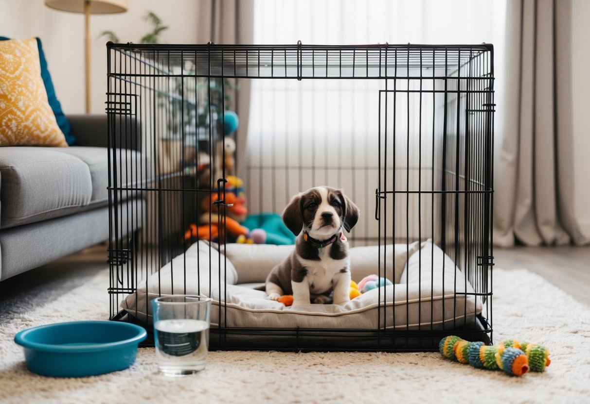 A cozy space with a crate or pen, toys, water, and a soft bed for the puppy