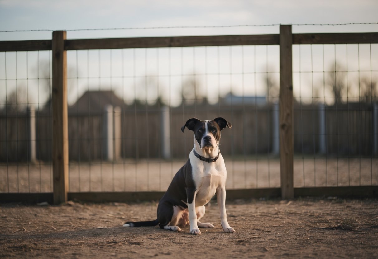 A dog sits alone in a small, barren yard, looking forlorn as it gazes out at the world beyond the fence