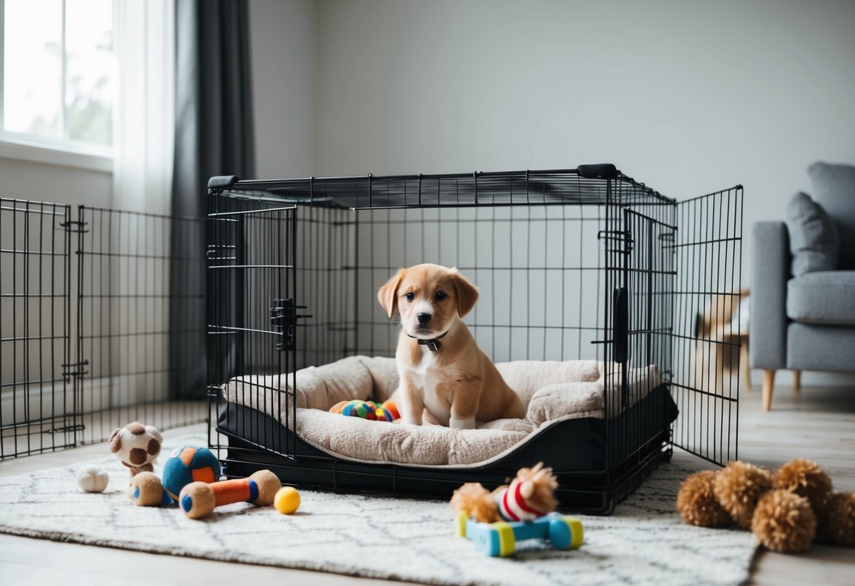A puppy sits inside a crate, surrounded by toys and a comfortable bed. The room is quiet and well-lit, with a pen nearby for play and exploration