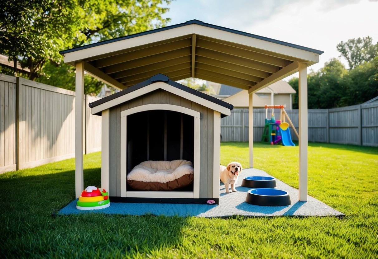 A cozy dog house with a warm bed and a covered outdoor area, surrounded by a spacious fenced yard with toys and water bowls