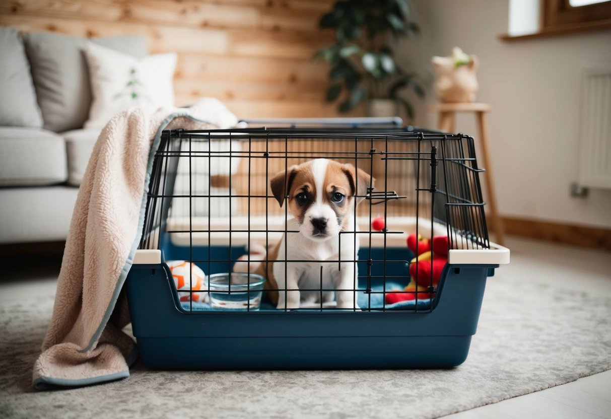 A cozy puppy crate with toys, water, and a soft blanket