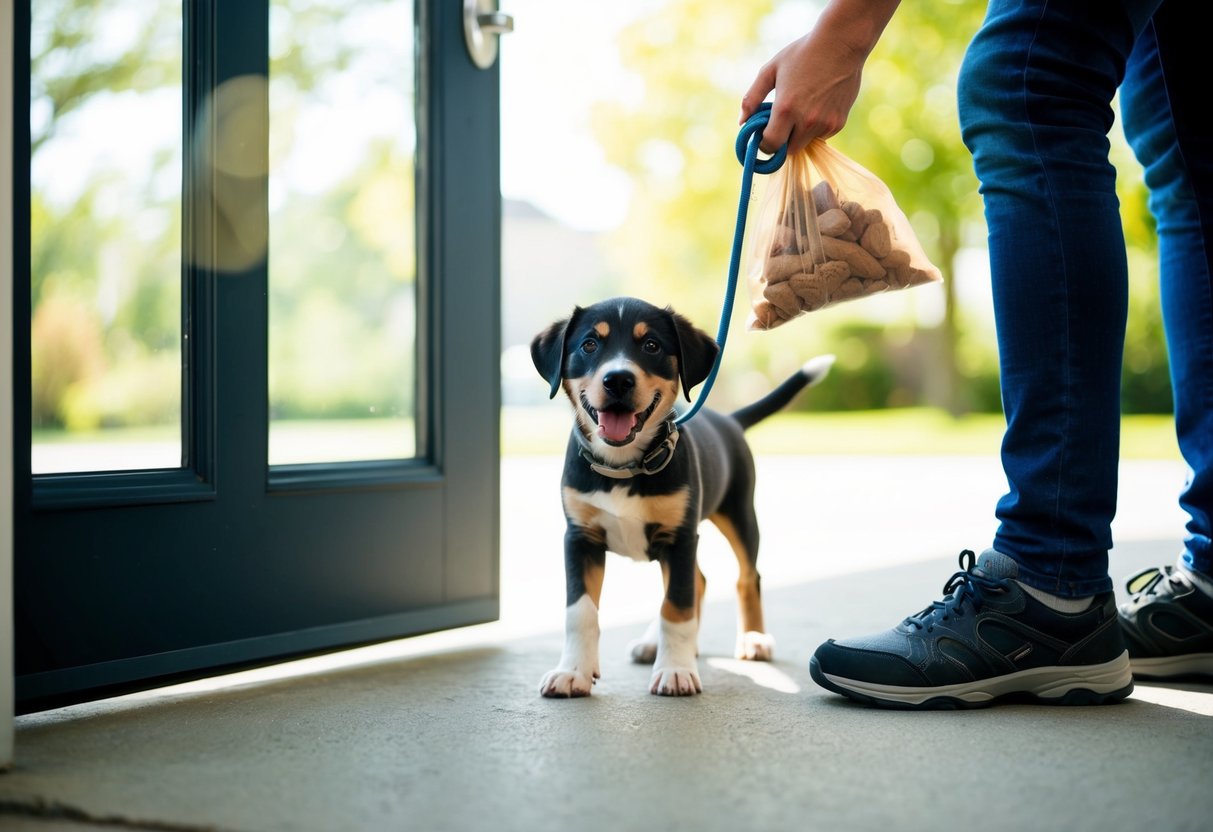 A 12-week-old puppy eagerly waits at the door, leash in mouth, as a person puts on their shoes and grabs a bag of treats. The sun is shining, and the air is filled with the excitement of a first walk