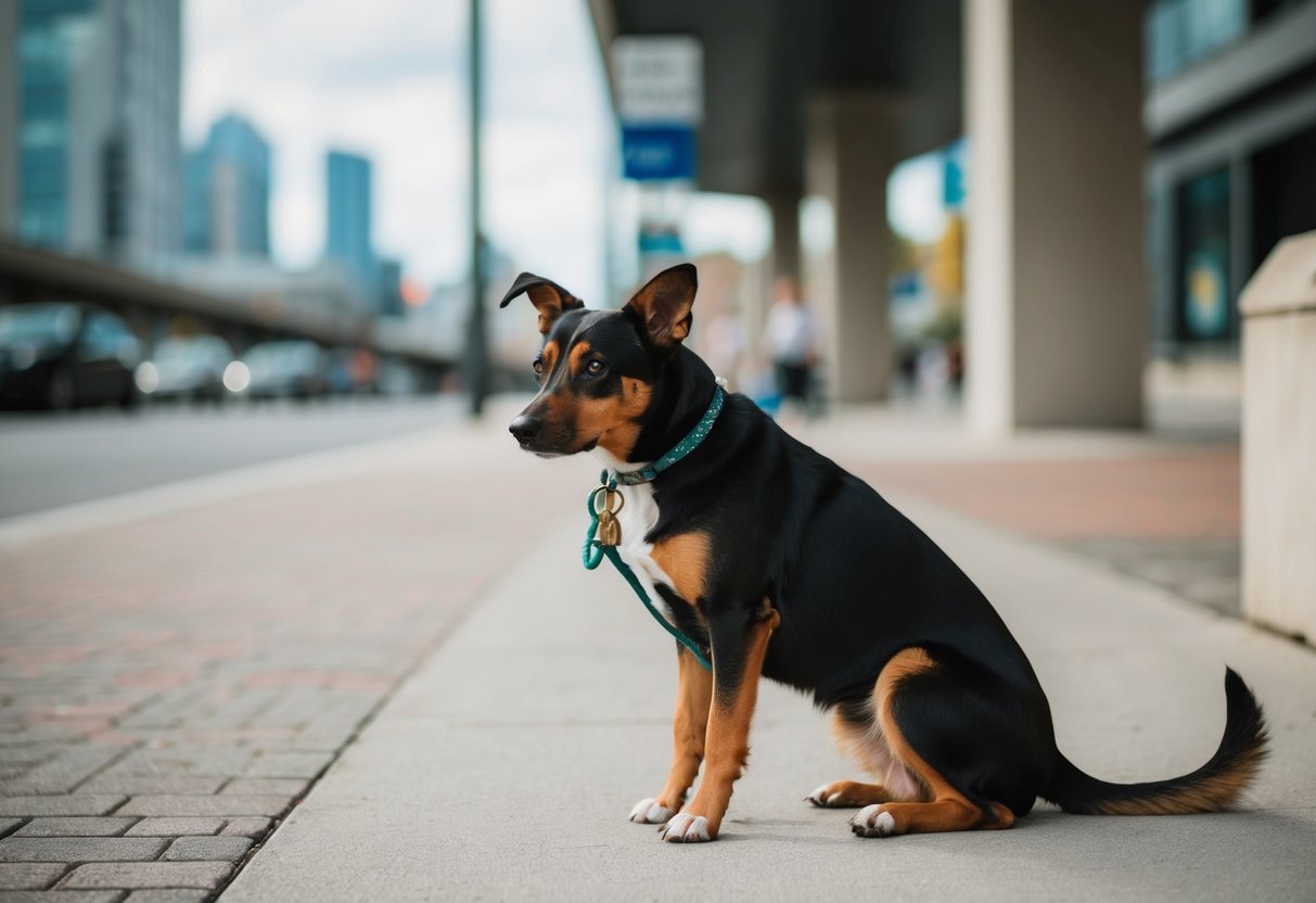 A dog tied up outside a public space, looking forlorn
